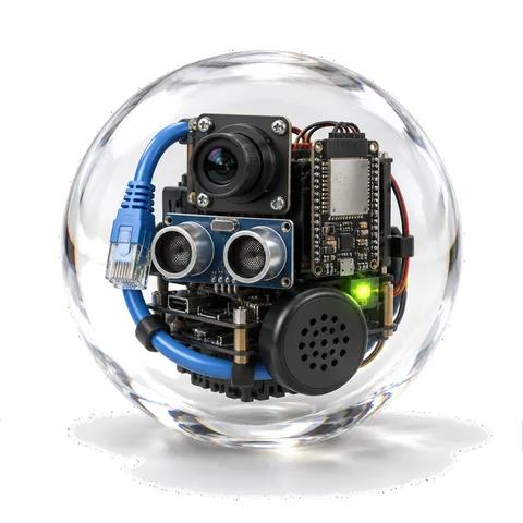 A recognizable camera, processor board and microphone inside a glass sphere