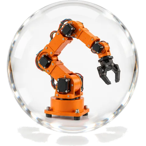 A recognizable orange robotic arm inside a glass sphere