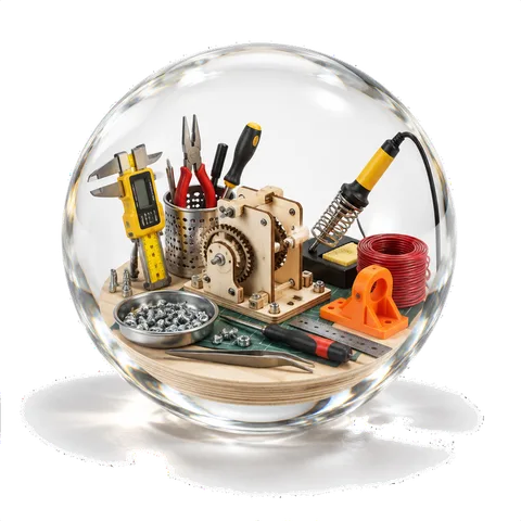 Recognizable workshop tools and electronics inside a glass sphere
